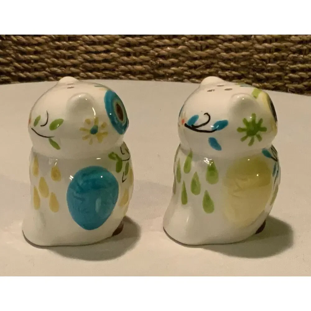 BOSTON WAREHOUSE Floral Owl Ceramic Salt & Pepper Shakers With Stoppers Deco UEC